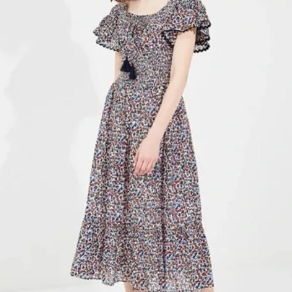 Tory Burch Wildflower Tiered Off Shoulder Smoked Navy Pipping Midi Dress S $498 - Picture 13 of 16